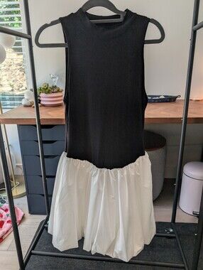 Black Ribbed Sleeveless Top with White Bubble Hem Skirt